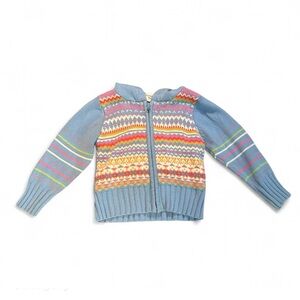 Fair Isle Multicolor Full Zip Cardigan with Hood, Cotton Blend, 2T